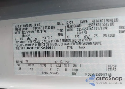 2023 Ford Transit-250 из США, поврежденный, VIN 1FTBR1C81PKA29611